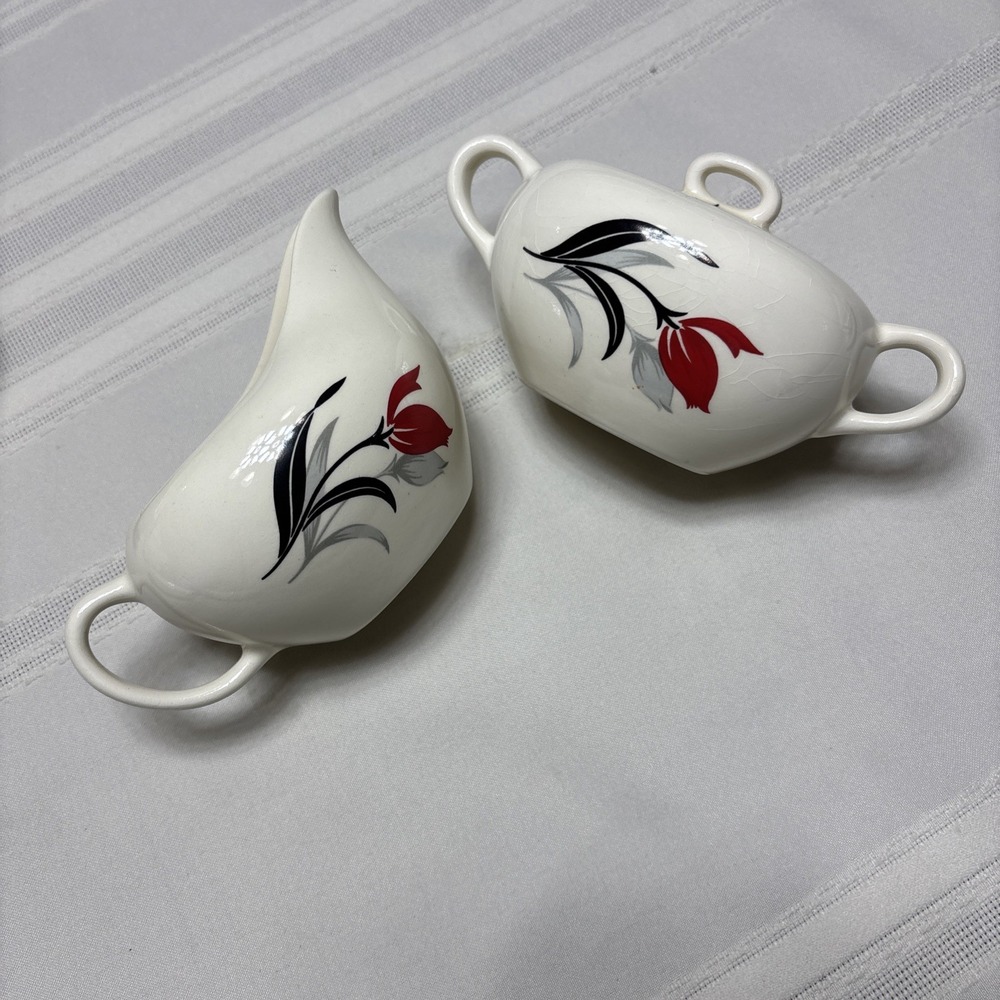 Vtg MCM Harmony House Starfire Red Flower Creamer Sugar Bowl w/ Lid